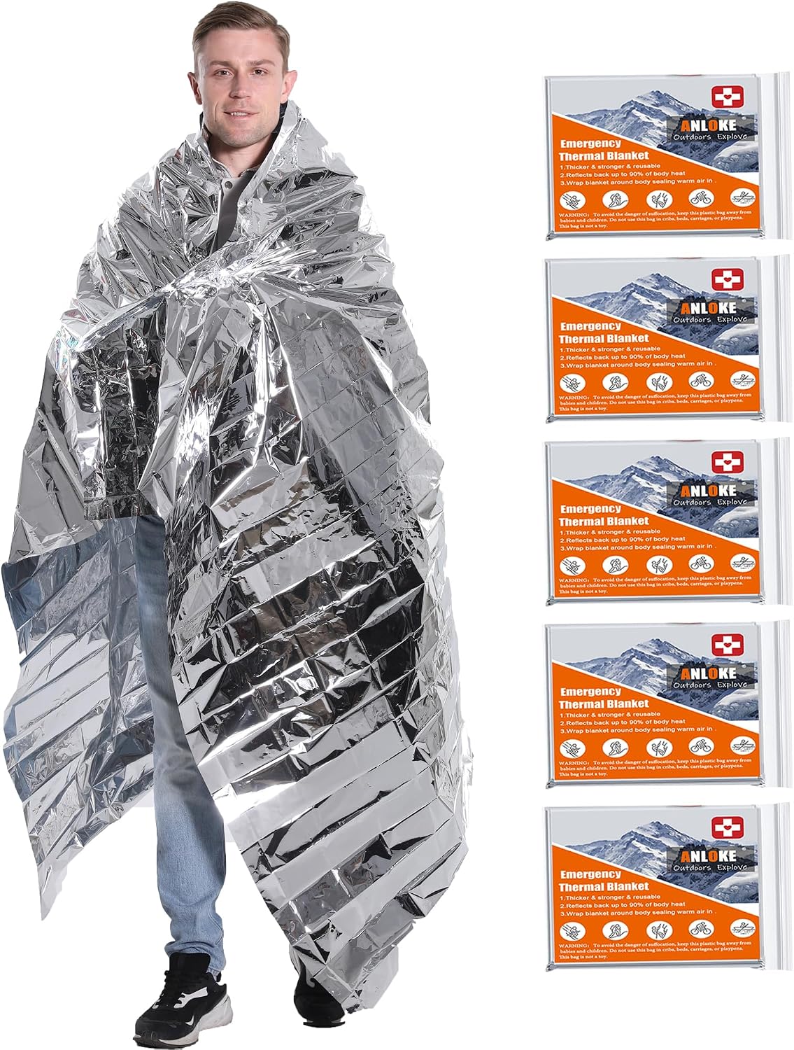 ANLOKE Emergency Blanket Mylar Thermal Blanket(4 Pack) Survival Gear-Orange