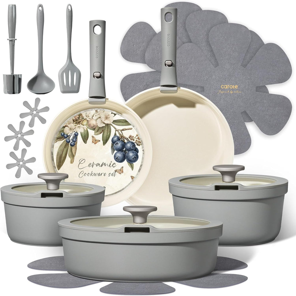 CAROTE 21pcs Ceramic Cookware Sets, Nonstick Pots and Pans Set Non Toxic
