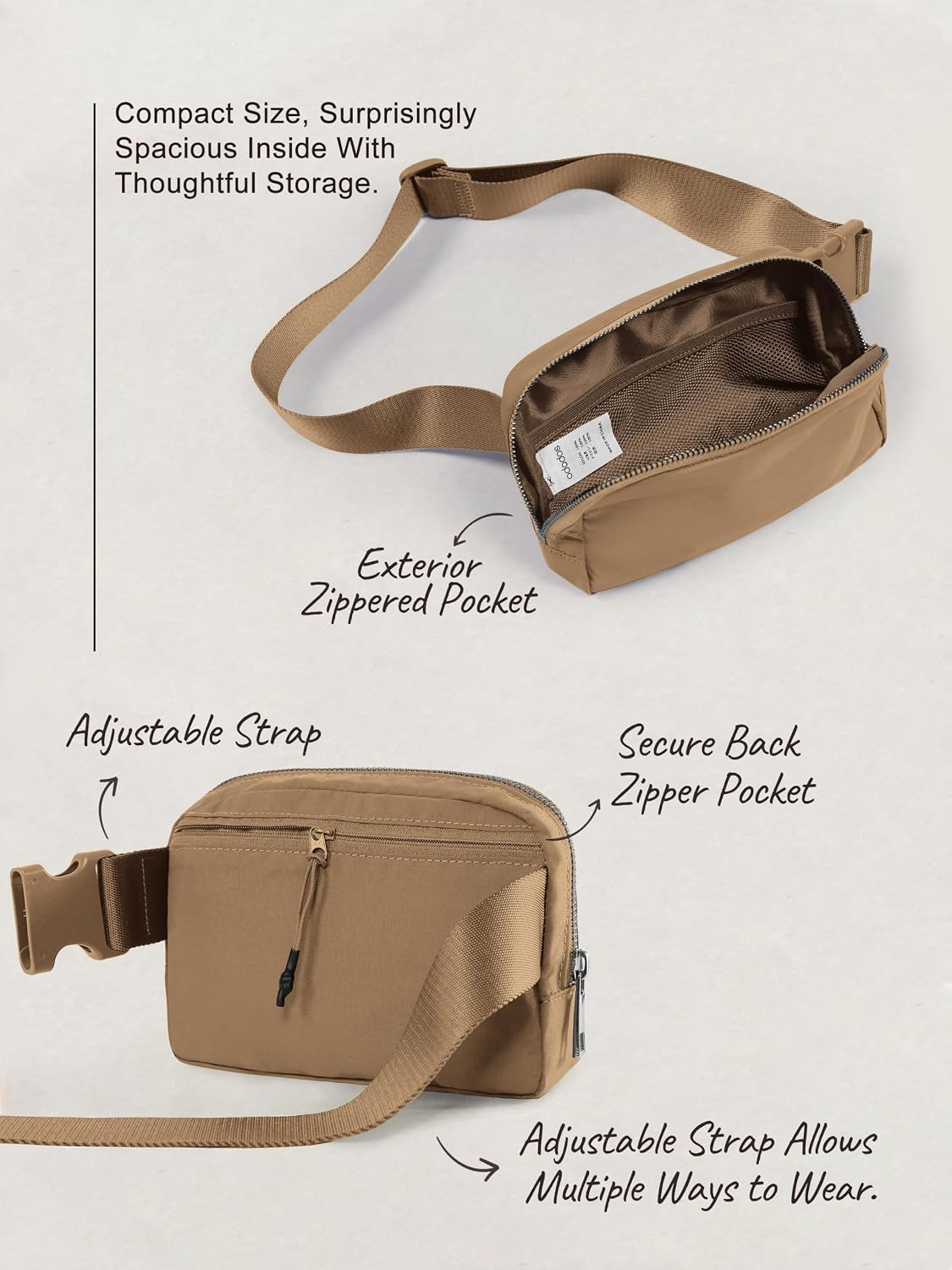 ODODOS Unisex Mini Belt Bag with Adjustable Strap Small Fanny Pack for Workout Running Traveling Hiking, Caramel