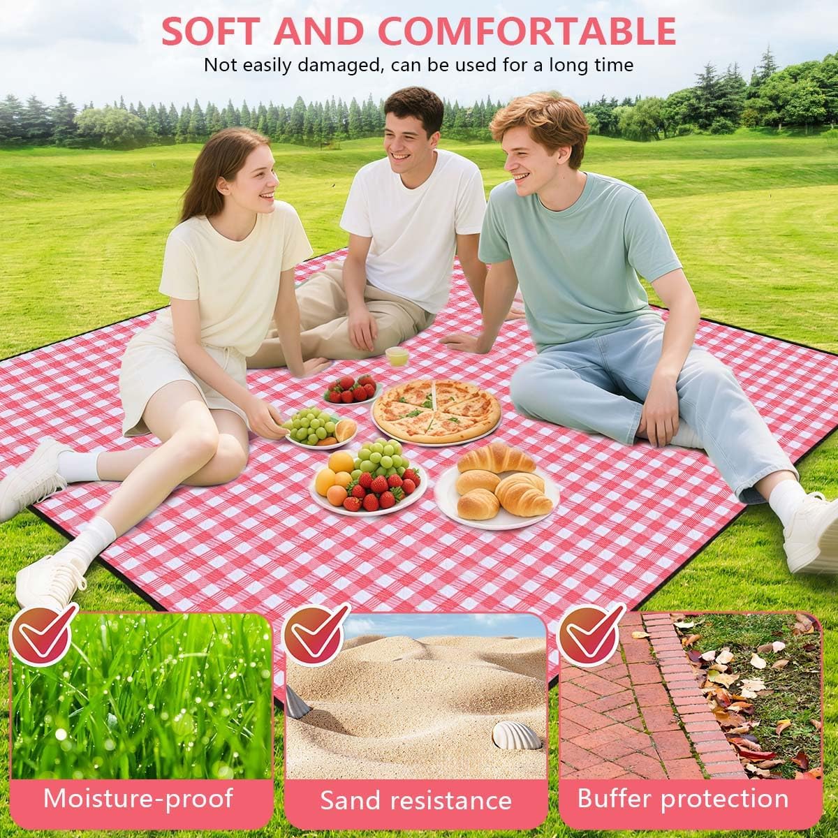 OBTANIM Extra Large Picnic Blanket 80 x 80 Inch Waterproof Foldable Beach Blankets Outdoor Picnic Mat for Camping Grass Lawn Park Music Festival Party Accessories (Red and White)