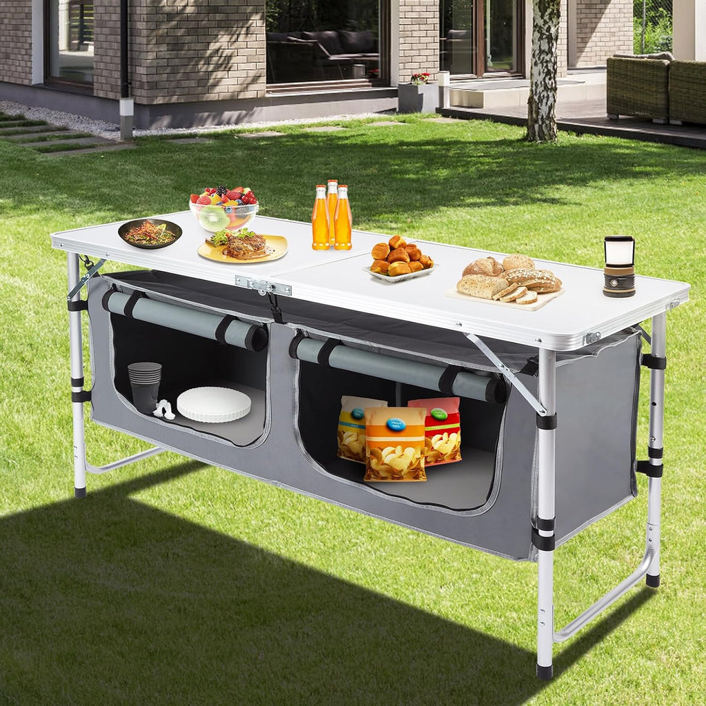 Outdoor Folding Camping Table with Storage Organizer(Grey)