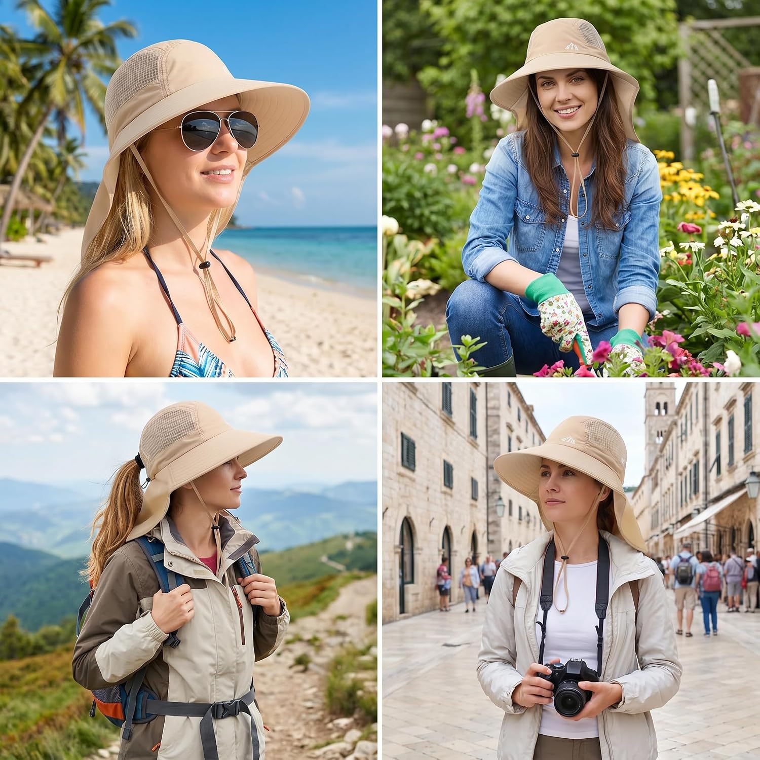 UV Sun Protection Hat Women Foldable Neck Flap Wide Brim Fishing Hat with Ponytail Hole for Women