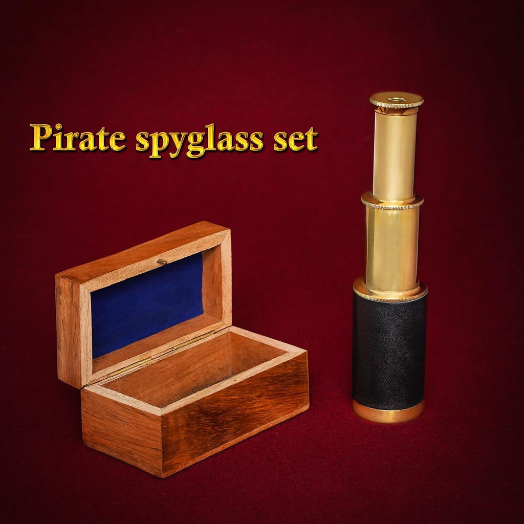 Mythrojan Medieval Brass Telescope with Mini Spyglass,Wooden Box for Reenactment, Cosplay, Steampunk,Nautical Decor - 6 inches, Brass