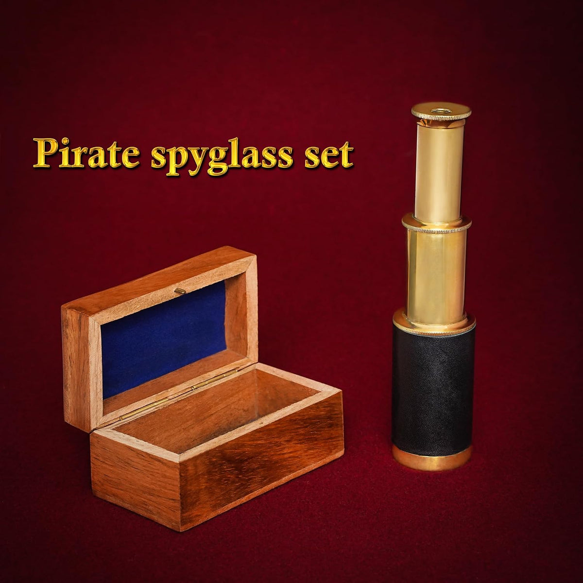 Mythrojan Medieval Brass Telescope with Mini Spyglass,Wooden Box for Reenactment, Cosplay, Steampunk,Nautical Decor - 6 inches, Brass