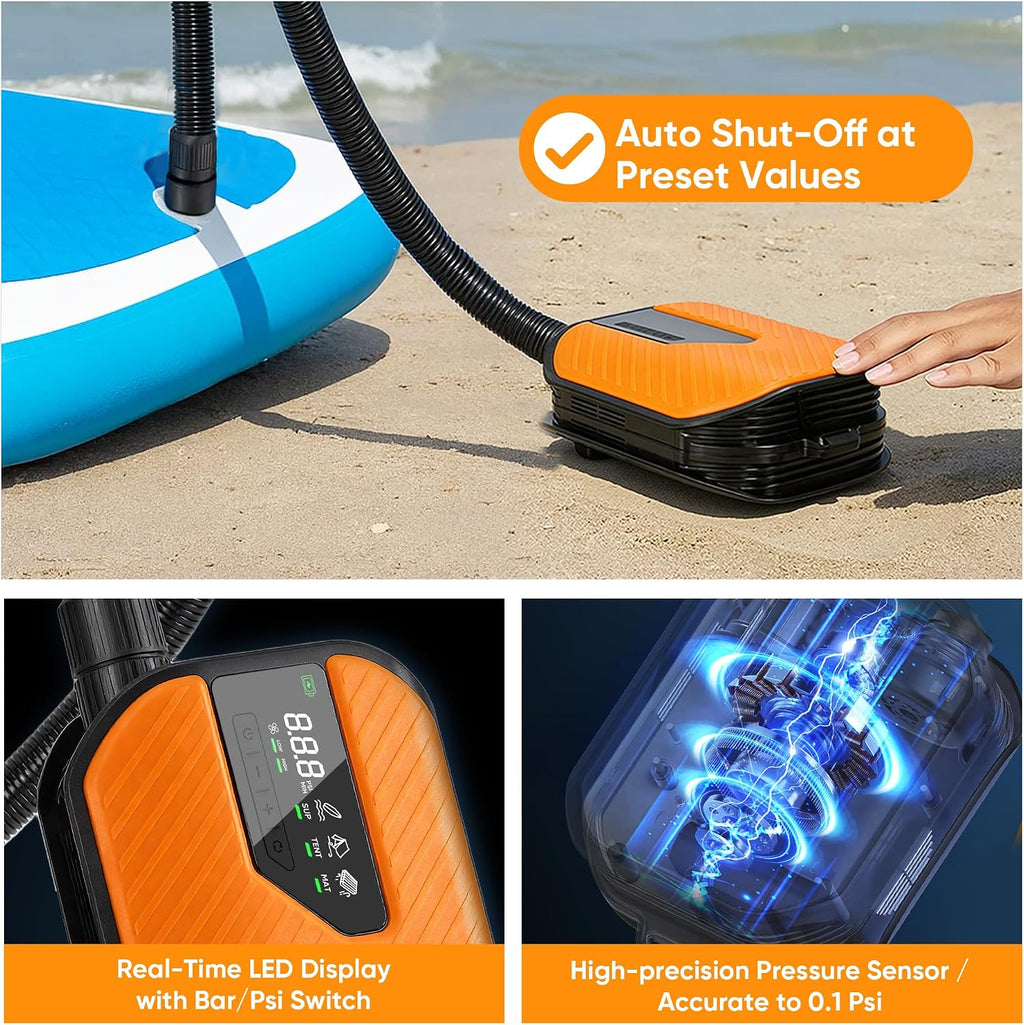 Electric Paddle Board Pump Portable, 50PSI High Pressure SUP Air Pump with Auto-Off, Dual Stage Inflation & Deflation, Digital Inflator for Paddle Board, Boat, Tent, Air Mattress