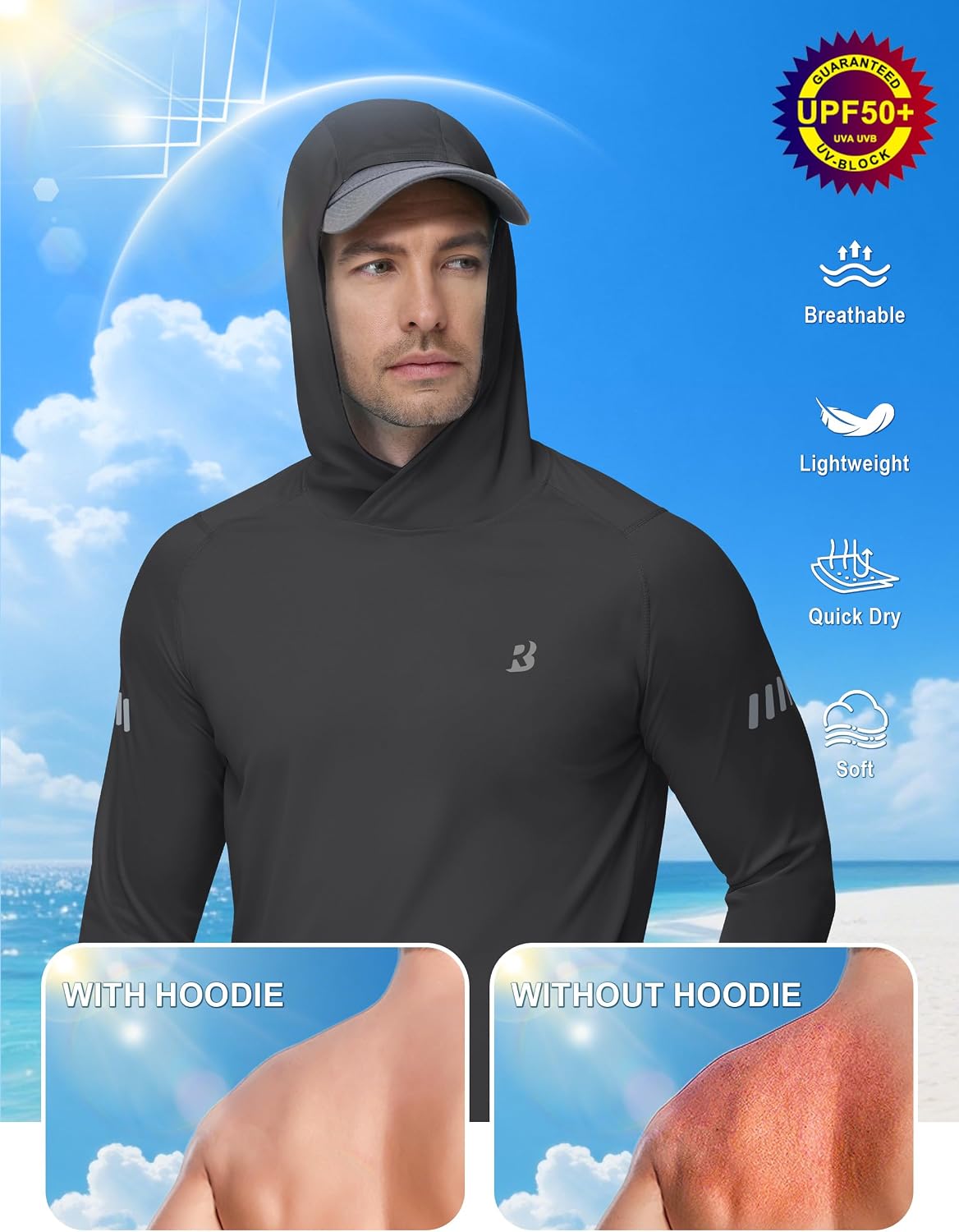 Roadbox Men's UPF 50+ Sun Hoodie, UV Long Sleeve Fishing Shirts Rash Guard