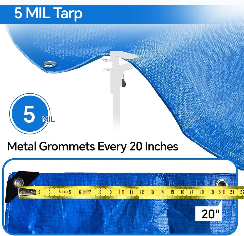 Blue Tarp 8x10 FT (4 Pack), 5 Mil Waterproof Poly Tarp, Reinforced Edges, Upgraded 20" Grommet Spacing, Multi-Purpose Tarpaulin, Cover for Camping, Roof, Yard, Budget Value Pack