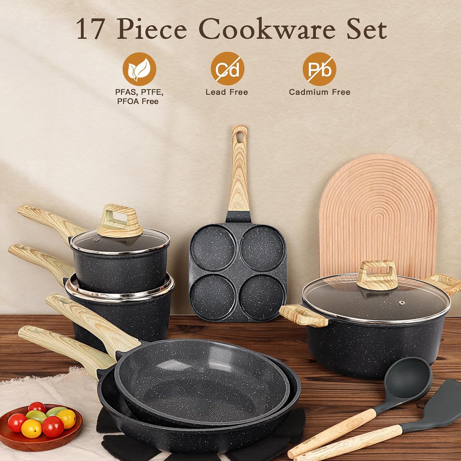 GiPP Ceramic Pots and Pans Set Non Stick - 17 Pcs Nonstick Cookware Set, Non-toxic Healthy Kitchen Cooking Set w/Frying Pans Set, Dishwasher Safe, PFAS PTFE PFOA PFOS Free, Dark Gray