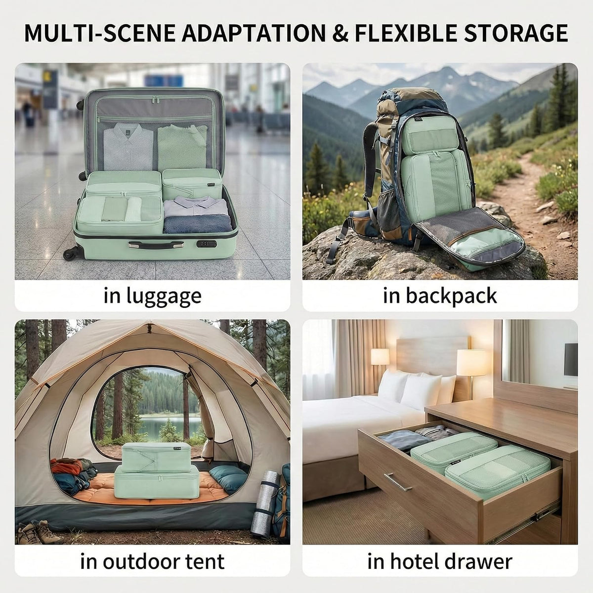 4 Piece Compression Packing Cubes for 3–7 Day Travel, Light Green