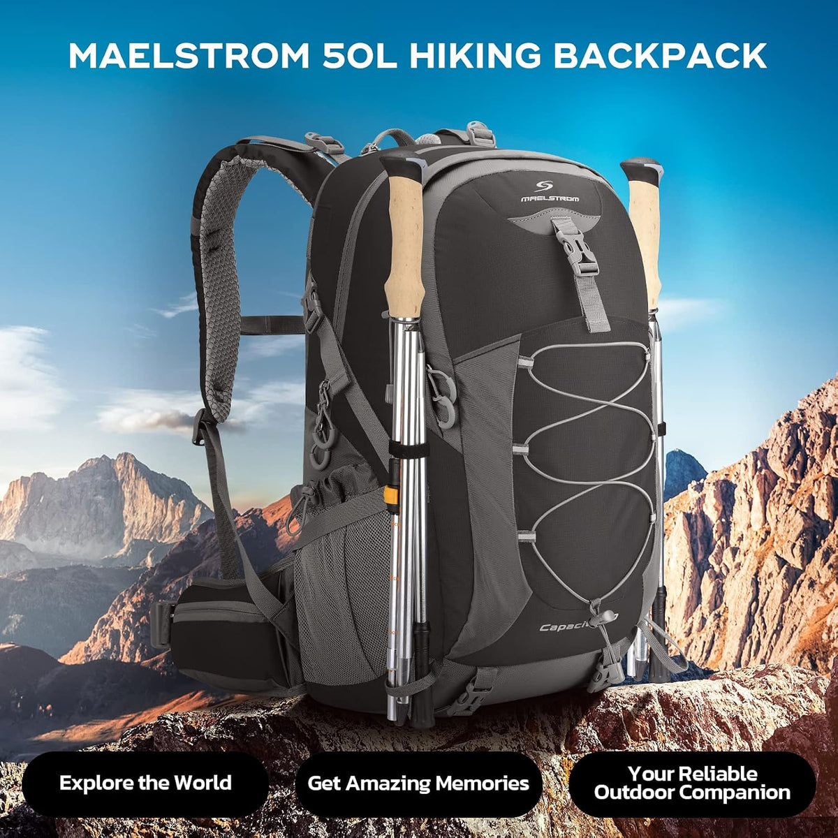 Maelstrom 50L Hiking Backpack, Lightweight Camping Daypack with Rain Cover