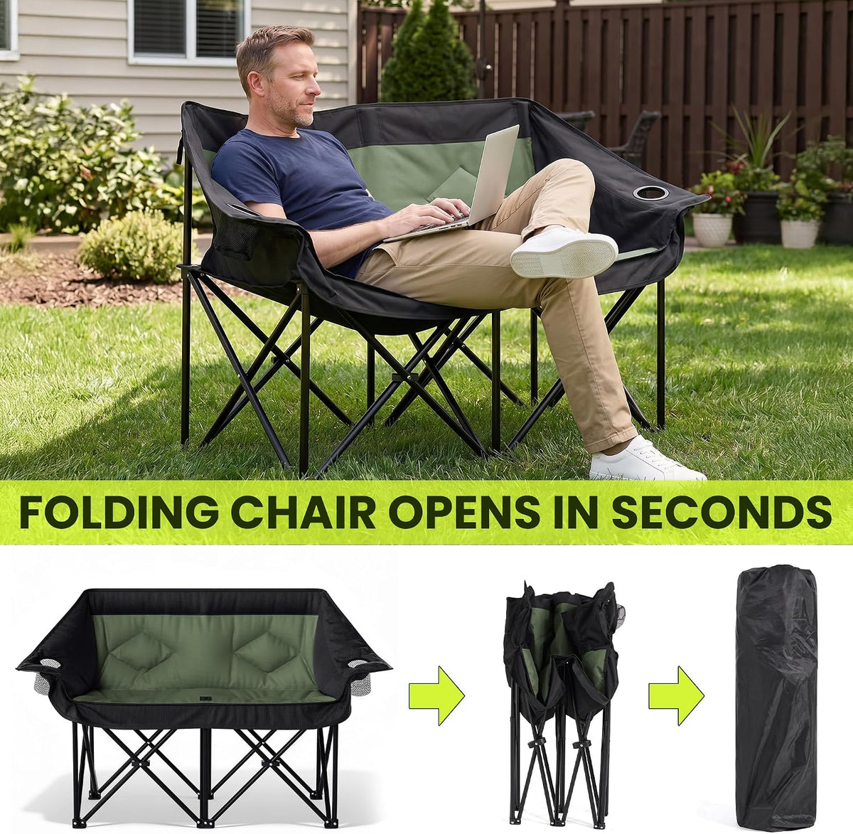 Oversized Double Camping Chairs 2 Person Folding Loveseat(Green)