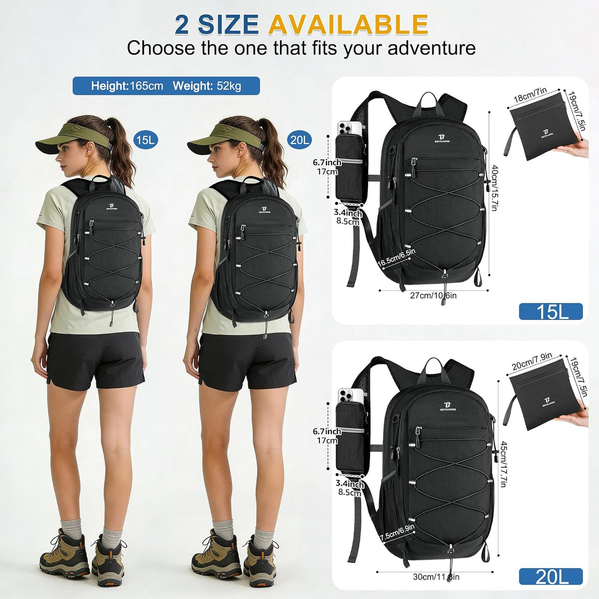 BECOJADDE Hiking Backpack 15L Small Backpack Packable Day pack Water Resistant Lightweight Travel Backpack for Women Men with Shoulder Strap Pockets for Hiking Camping Outdoor, Black