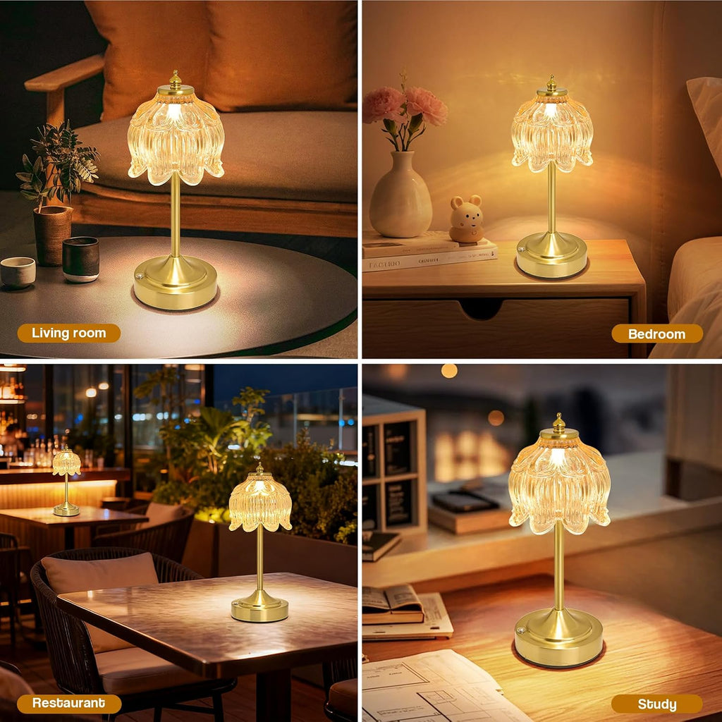 Cordless Table Lamp, Rechargeable Amber Glass Lotus Flower Lamp