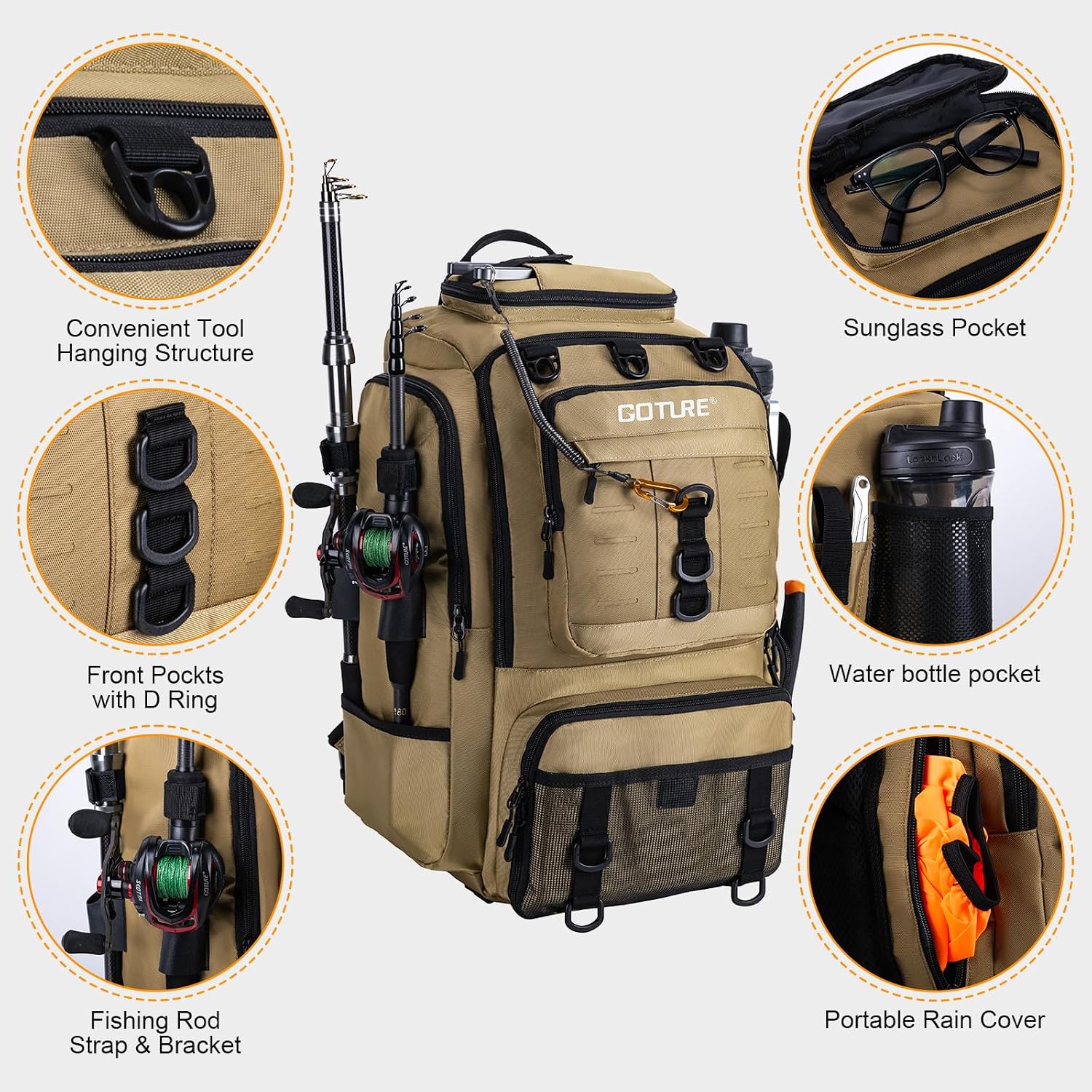 Goture 40L Khaki Fishing Tackle Backpack w/Cooler & fishing tackle boxes