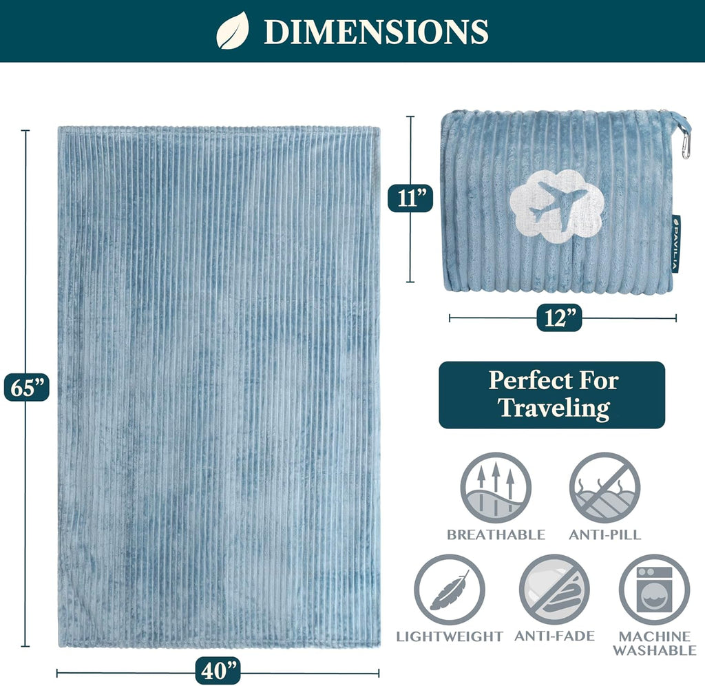 PAVILIA Travel Blanket Pillow, Soft Ribbed Fleece Airplane Blanket, Blue