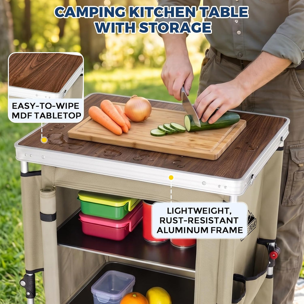 EAGLE PEAK Outdoor Folding Camping Table with Large 3-Tier Storage Organizer and Side Pockets, Easy Set Up Portable Aluminum Camping Kitchen, Beige