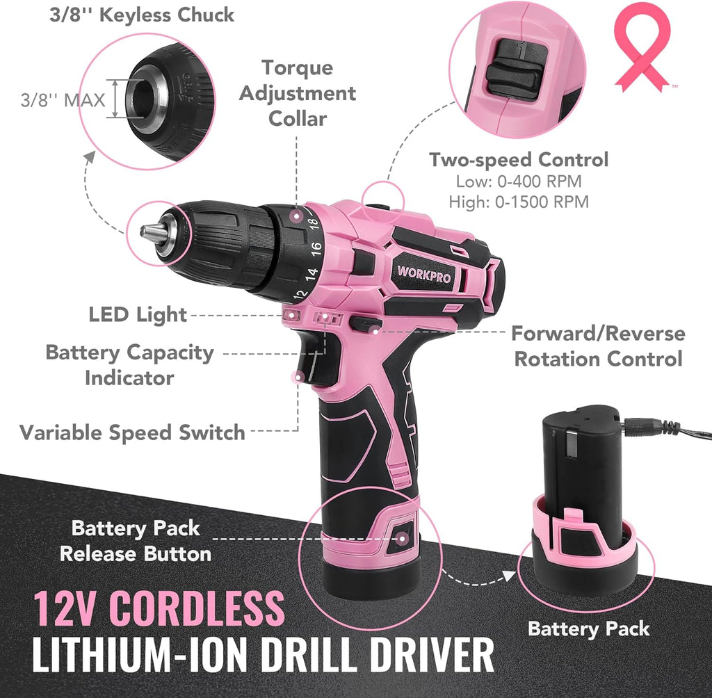 WORKPRO 12V Cordless Pink Drill Set for Women, Home Tool Kit with Tool box