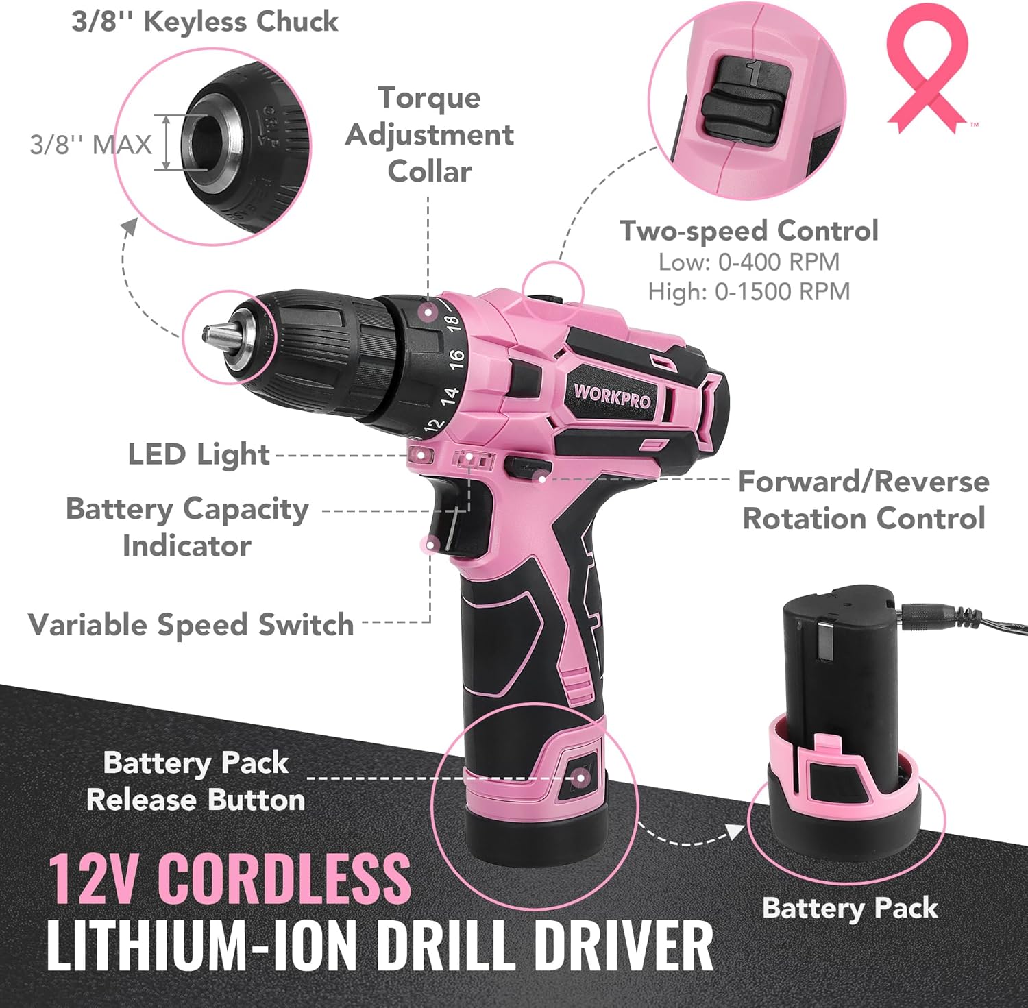 WORKPRO 12V Cordless Pink Drill Set for Women, Home Tool Kit with Tool box
