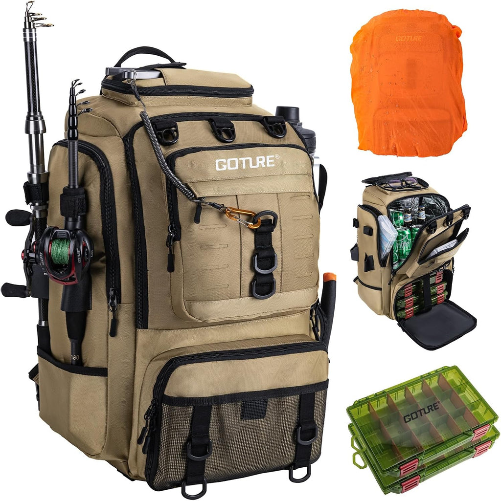 Goture 40L Khaki Fishing Tackle Backpack w/Cooler & fishing tackle boxes