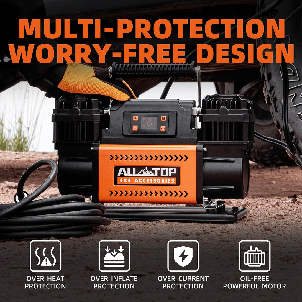 ALL-TOP 12V Air Compressor w/LCD Control Panel to Preset Target Pressure, 150PSI 12.35CFM Air Pump Inflator for Overland (Dual Cylinder)