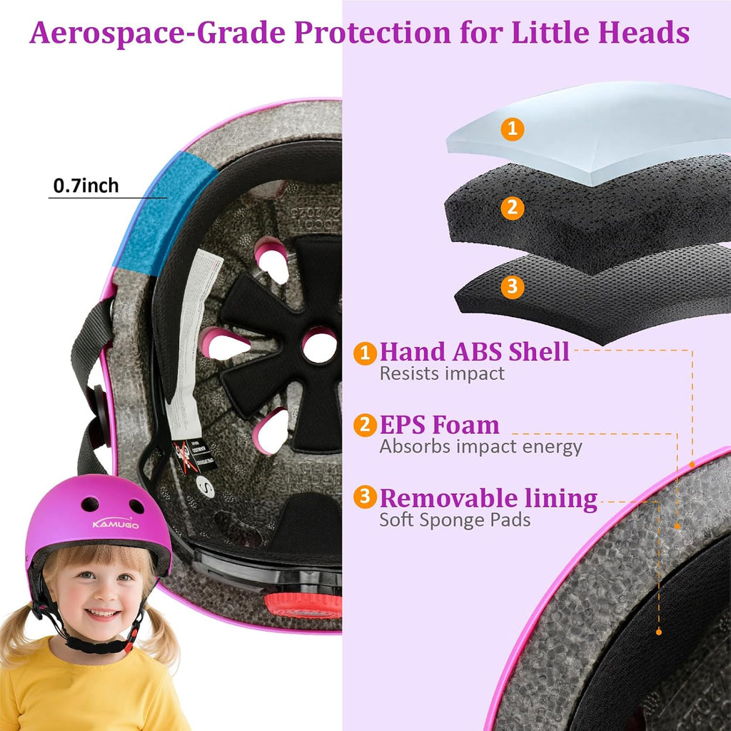KAMUGO Kids Adjustable Helmet, with Sports Protective Gear Set Knee Elbow Wrist Pads for Toddler Age 2-8 Boys Girls, Bike Skateboard Hoverboard Scooter Rollerblading Helmet Set