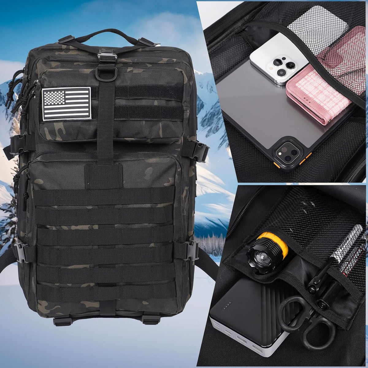 50L Large Military Tactical Backpack Molle Army Assault Pack for Travel Camping Hiking Fishing Backpack for men (black camo)