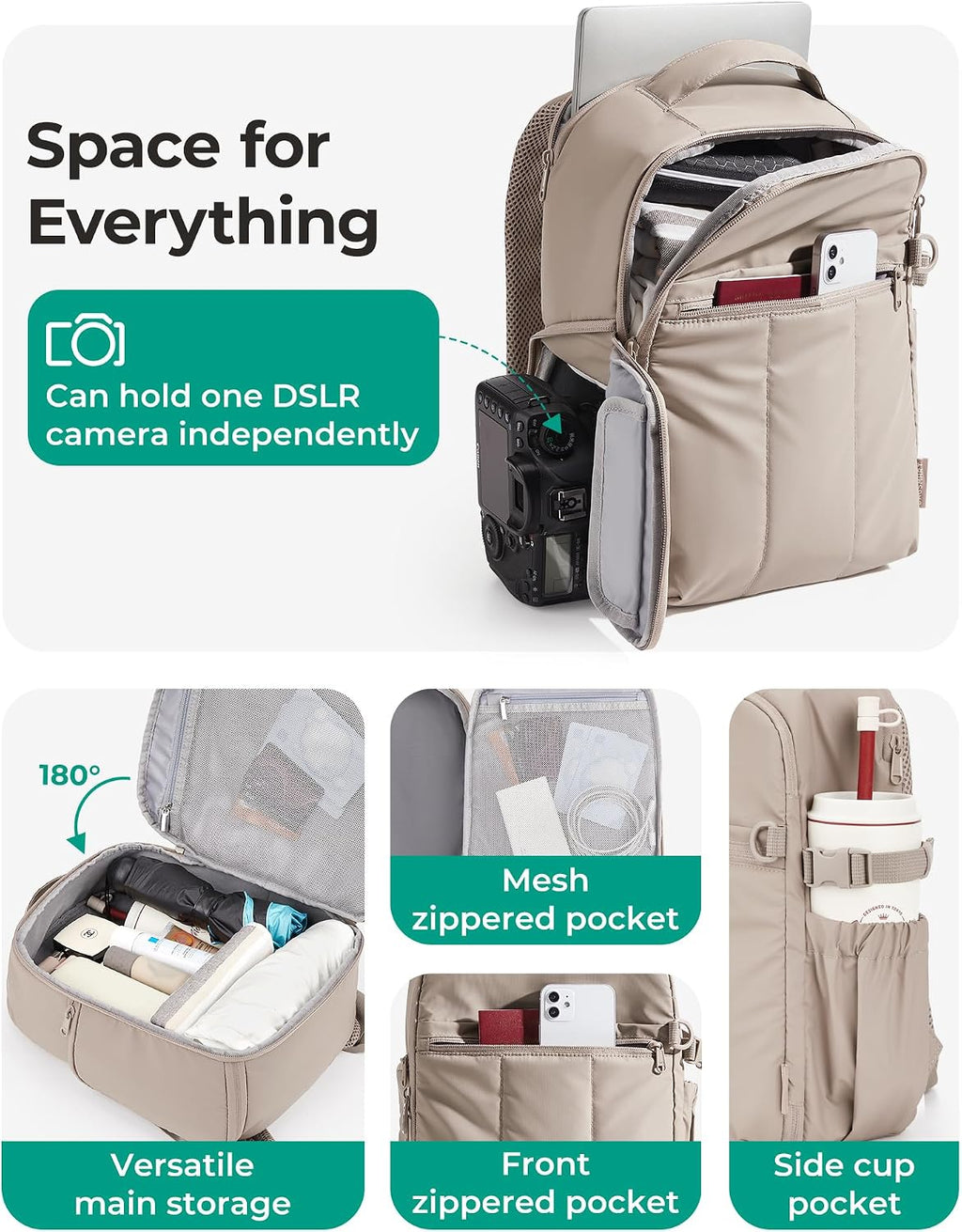 BAGSMART Small Camera Backpack for Women with Laptop Compartment, Green