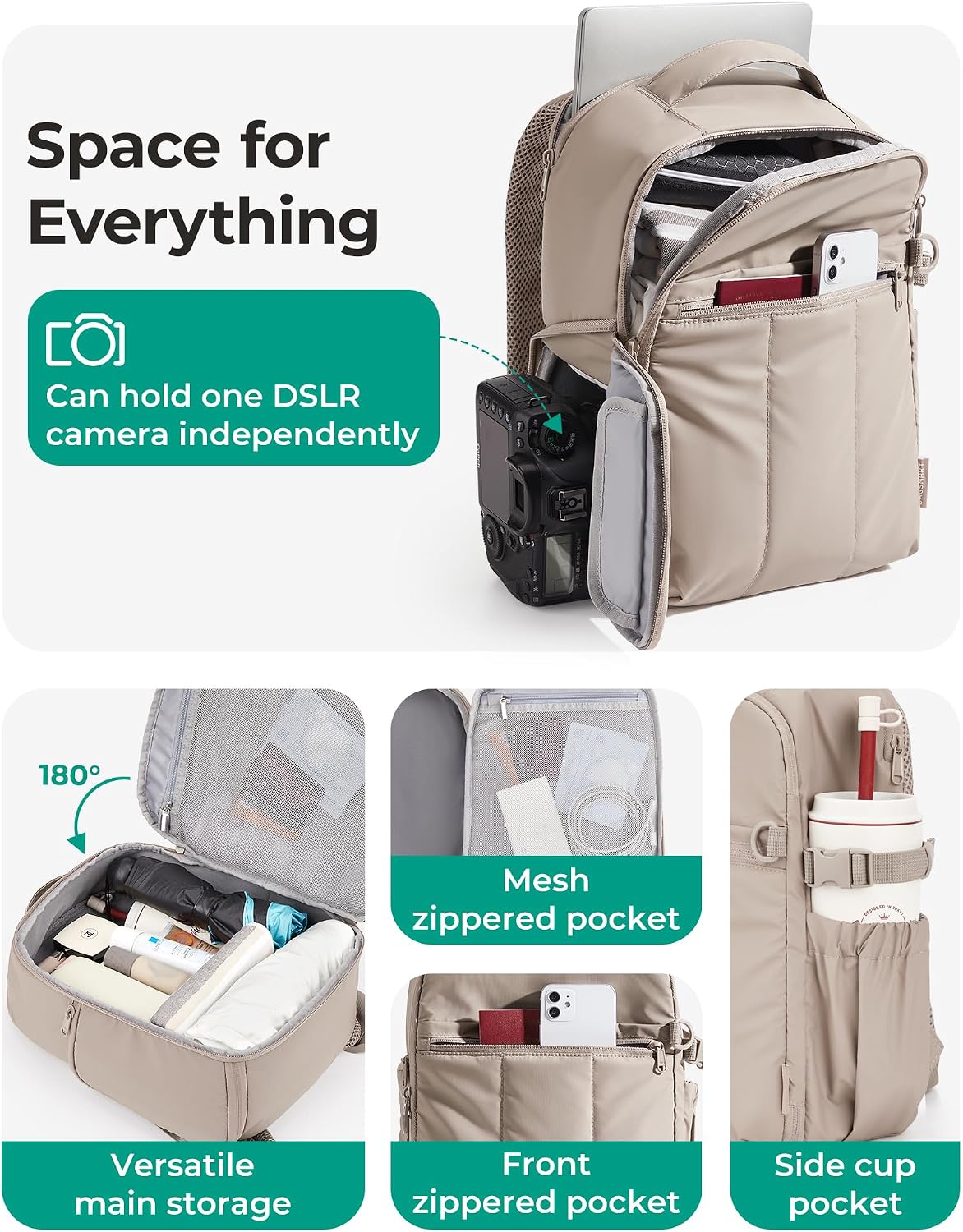 BAGSMART Small Camera Backpack for Women with Laptop Compartment, Green