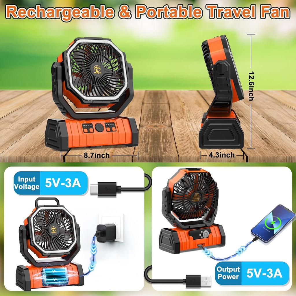 20000mAh Camping Fan with LED Lantern, Rechargeable Battery Powered Fan