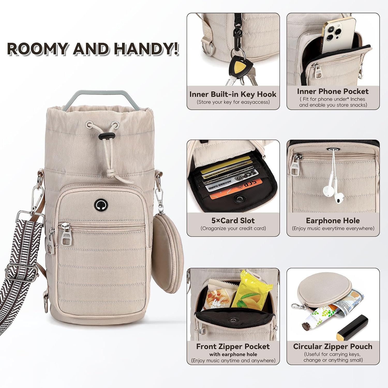 Water Bottle Carrier Bag with Strap Phone Pocket for Walking, Hiking, Cycling