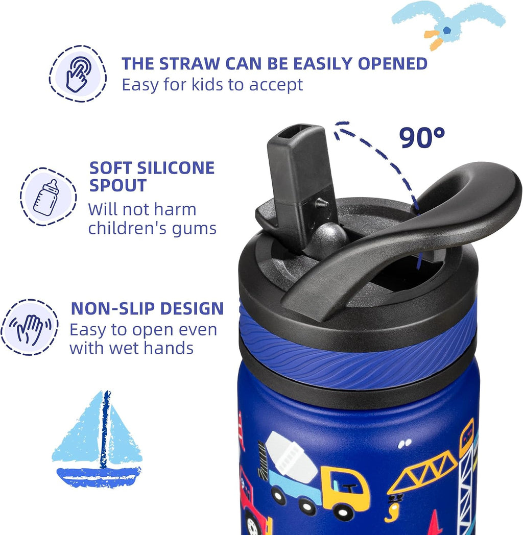 Fanhaw 14 oz Kids Water Bottle for School, Insulated Water Bottle with Straw Lid, Stainless Steel Vacuum Insulated Bottle for Boys & Girls, Leak-Proof, BPA Free(Blue - Under Construction)