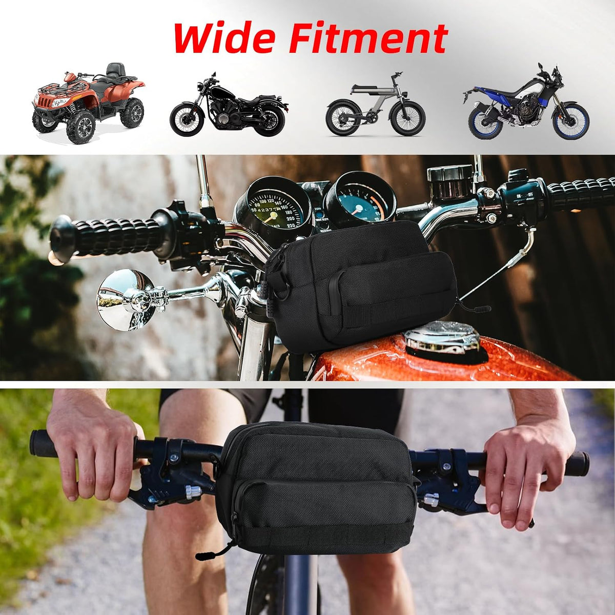Universal Motorcycle Handlebar Bag, Motorcycle Bag Handlebar Tool Bag Fit for Front Fork Handle Bar Sissy Bar Motorbike Dirt Bike Bicycle Snowmobile Quad ATV
