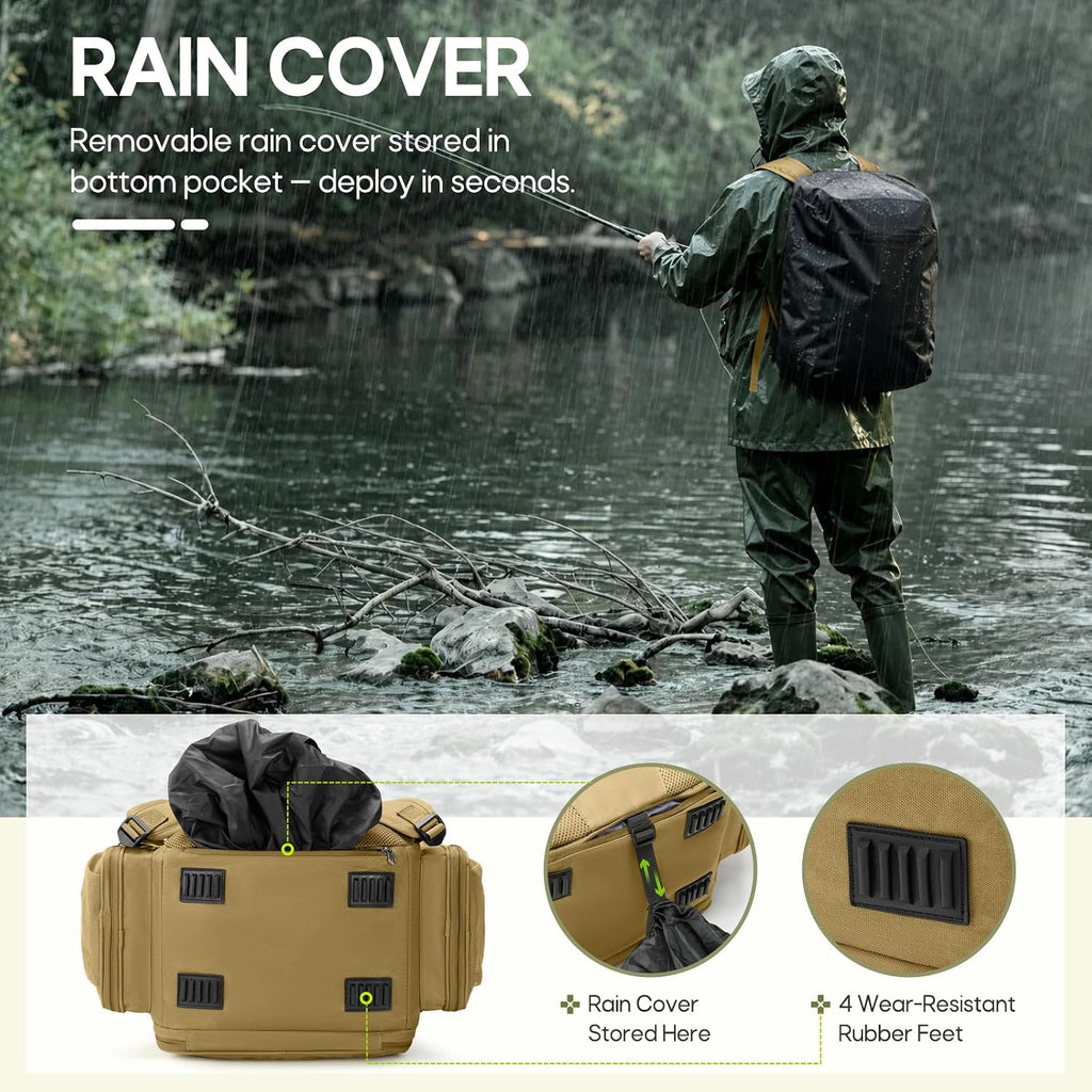 RAINSMORE Fishing Backpack, 45L Large Water-resistant Fishing Tackle Bag