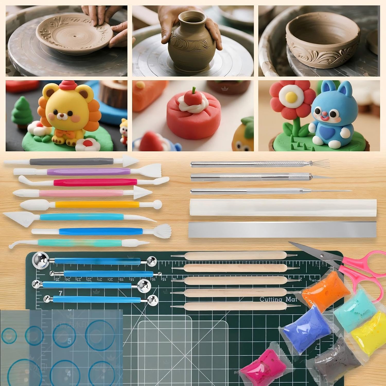 Basic Polymer Clay Tools, Clay Sculpting Tools Acrylic Roller Pin, Clear Rectangle Sheet Press Board, Double-Ended Pottery Carving Set for Beginner (26)
