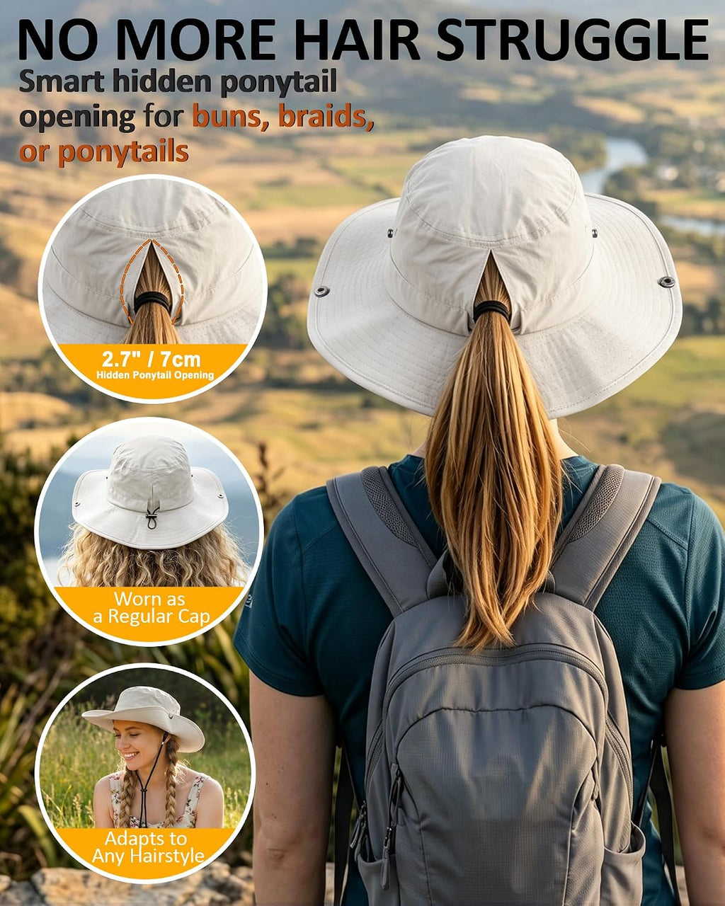 Womens Sun Hat with Ponytail Hole Wide Brim UPF 50+ Waterproof Bucket Hat Packable with Chin Strap for Hiking Beach Travel
