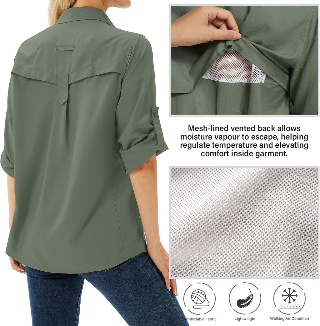 Women's UPF 50 Long Sleeve Sun Protection Safari Fish Hiking Shirts