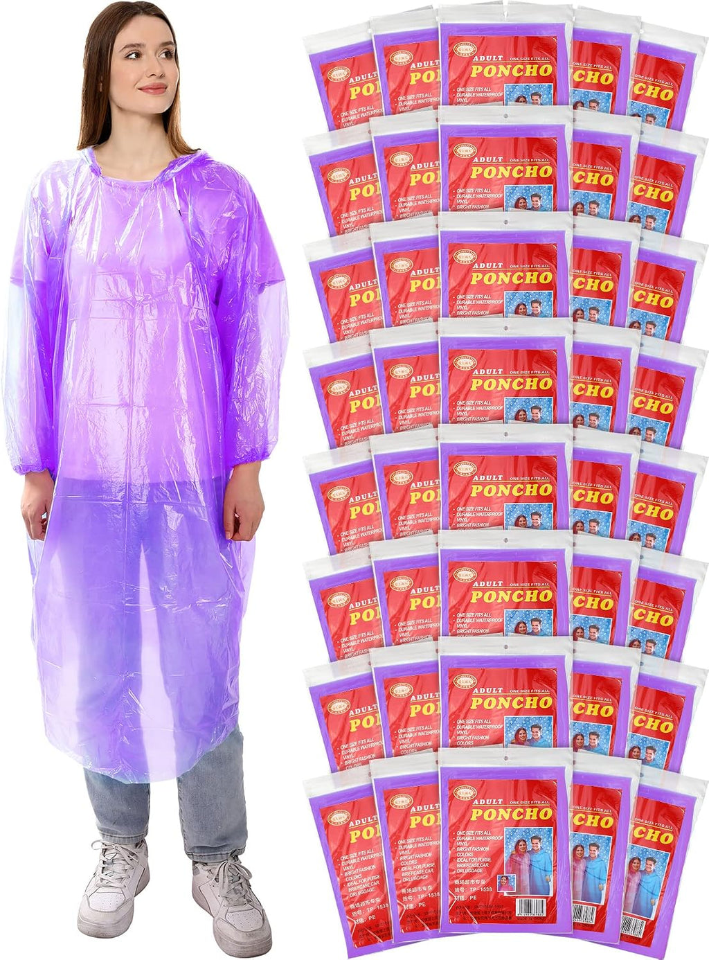 Tarpop 40 Pack Disposable Rain Ponchos Adult Drawstring Hood