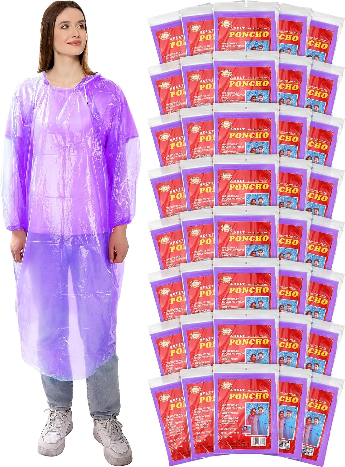 Tarpop 40 Pack Disposable Rain Ponchos Adult Drawstring Hood