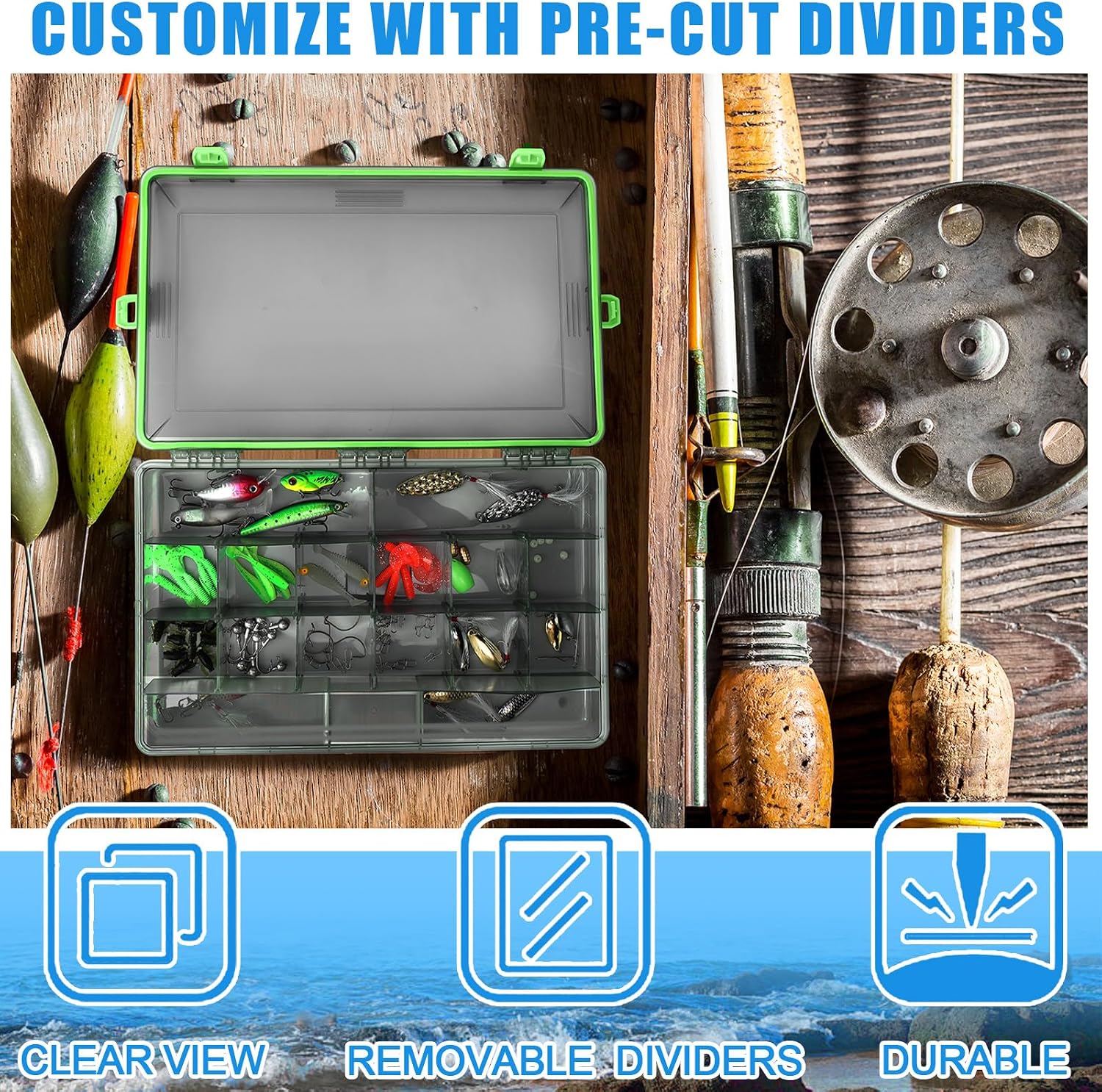 Wonderjune 6 Pack Fishing Tackle Box Waterproof 3700 Tackle Tray, Green