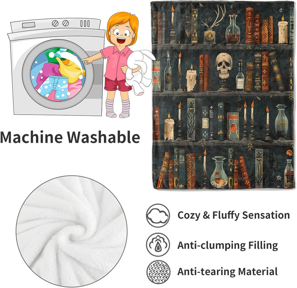 Gothic Book Blanket Vintage Books & Skull Throw Blankets Gifts for Girls Women Adults Lightweight Soft Fleece Cozy for Sofa Couch Bed Room Travel Halloween Party Goth Decor 50x60in