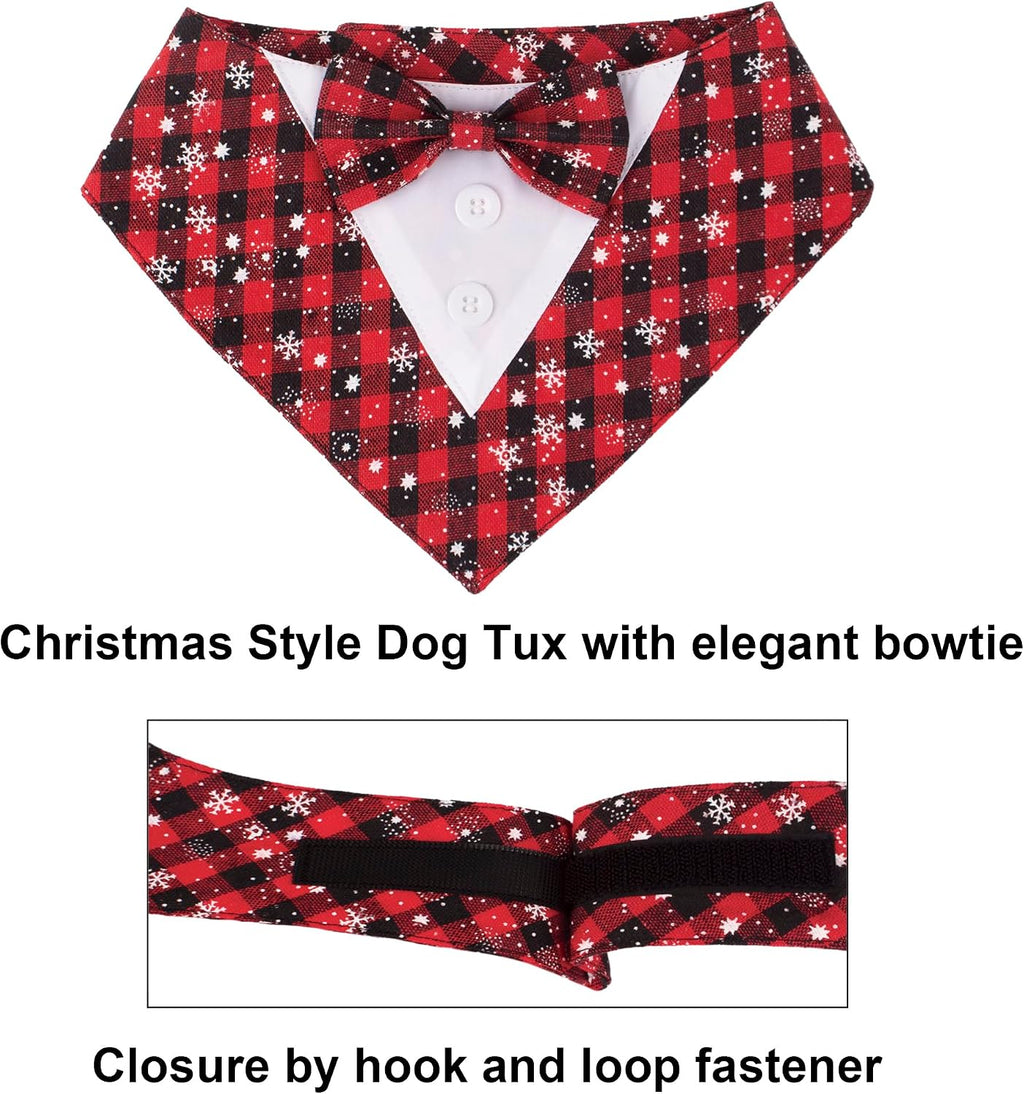 ADOGGYGO Christmas Dog Tuxedo Bandana, Red Plaid Pet Chritstmas Tux with Bowtie Adjustable Christmas Formal Costume for Medium Large Dogs Pets (L)