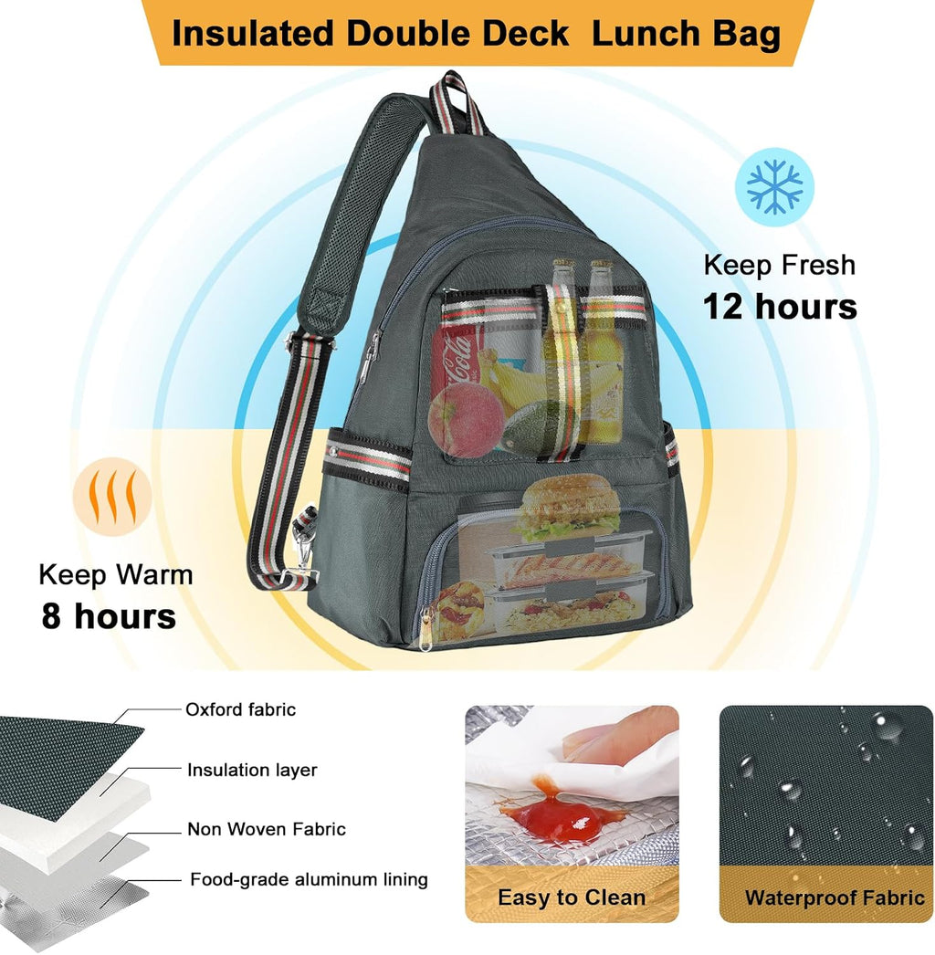 Crossbody Lunch Backpack, Double Deck Large Insulated leakproof Lunchbox