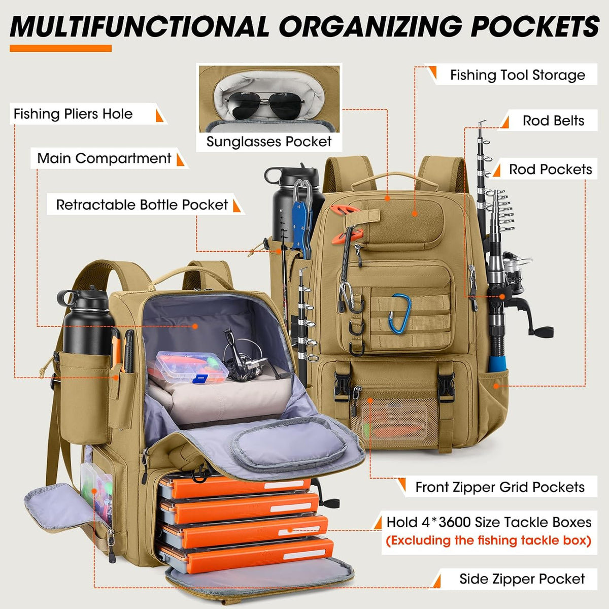 RAINSMORE Fishing Backpack 40L Tackle Backpack with Rod Holders & Cooler