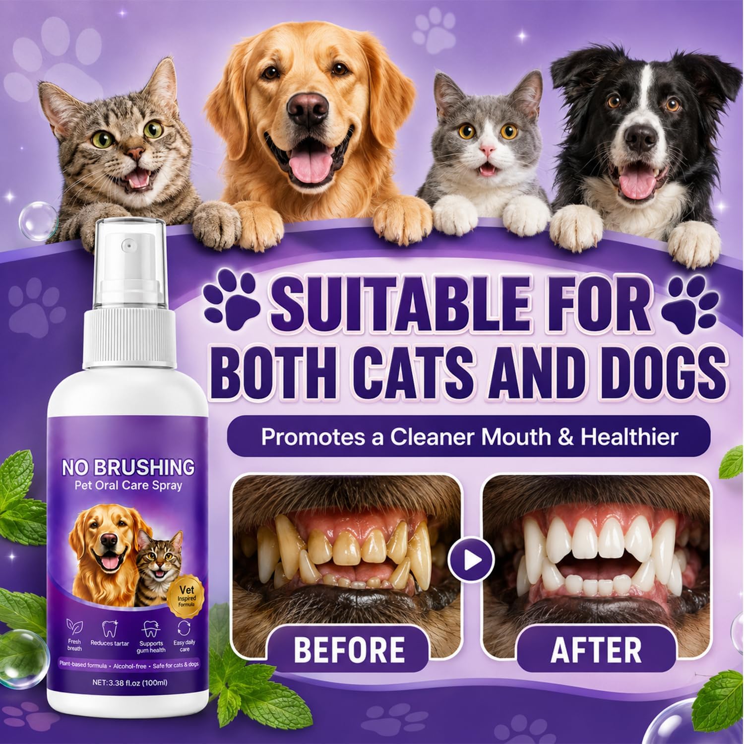 Wanban No Brushing Pet Oral Care Spray, Breath Freshener & Teeth Cleaning Spray for Dogs & Cats, Gentle Daily Oral Care for Pets