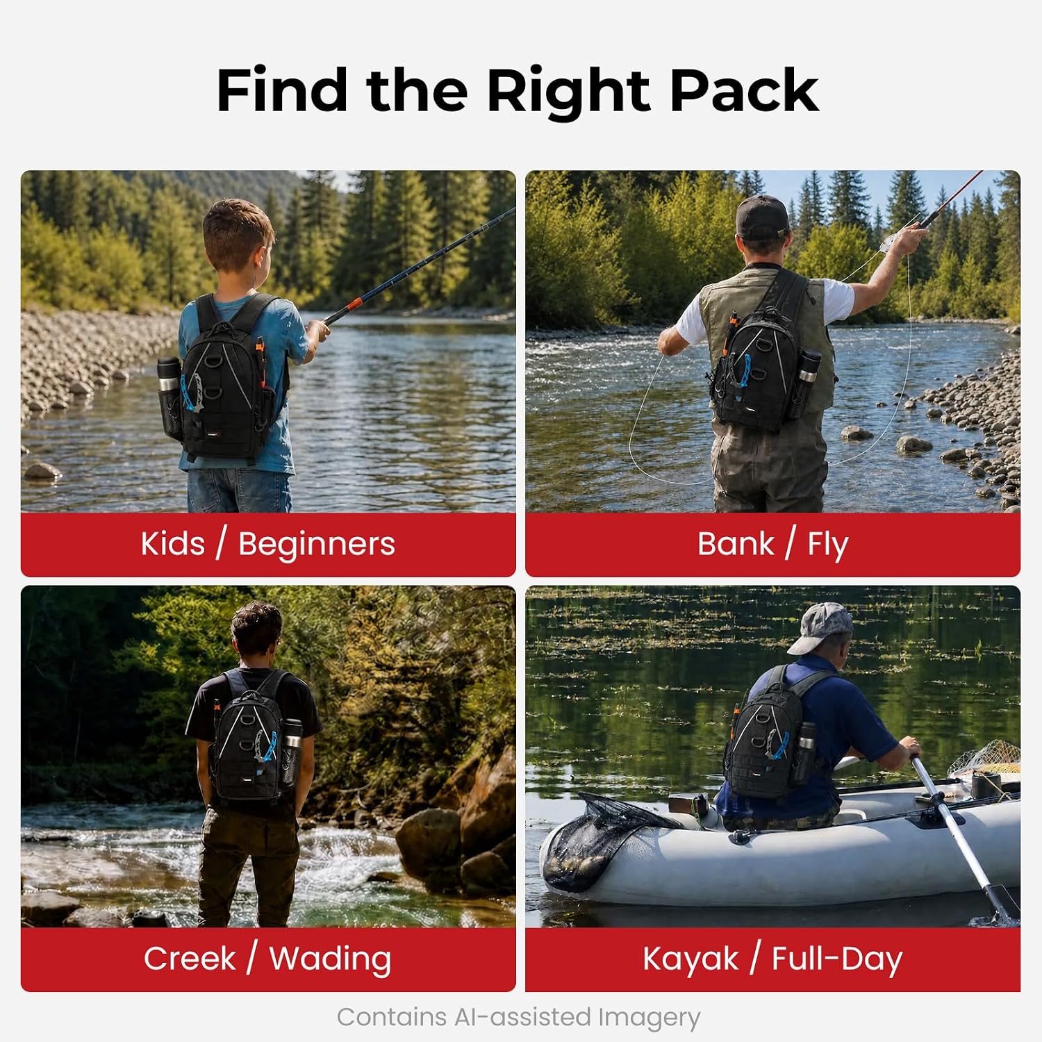 Piscifun Fishing Backpack, Rod Holders, Lightweight Sling Bag, Black