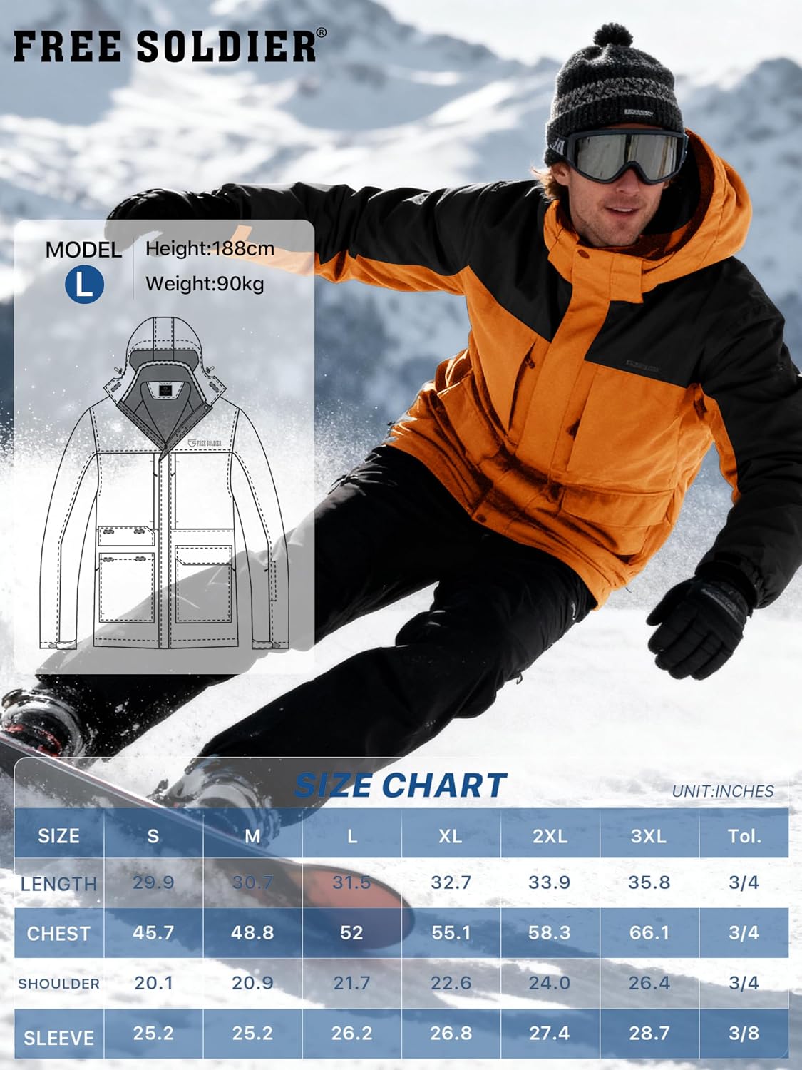 FREE SOLDIER Men's Waterproof Ski Jacket Fleece Lined Warm Winter Snow Coat with Hood Fully Taped Seams