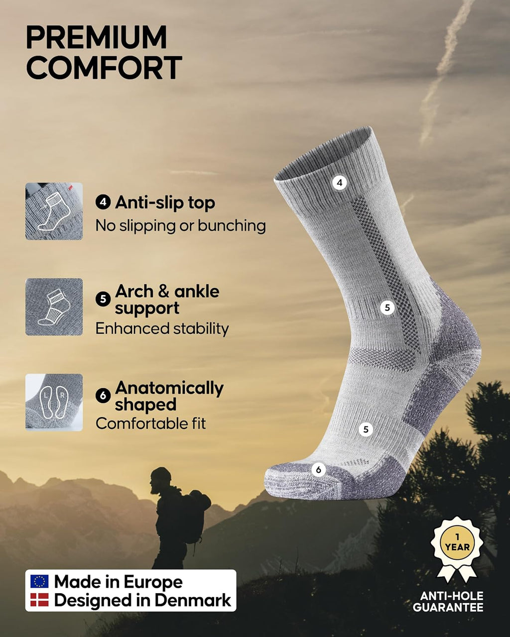 DANISH ENDURANCE Hiking Socks, Merino Wool, Anti-Blister, 3 & 5-Pack
