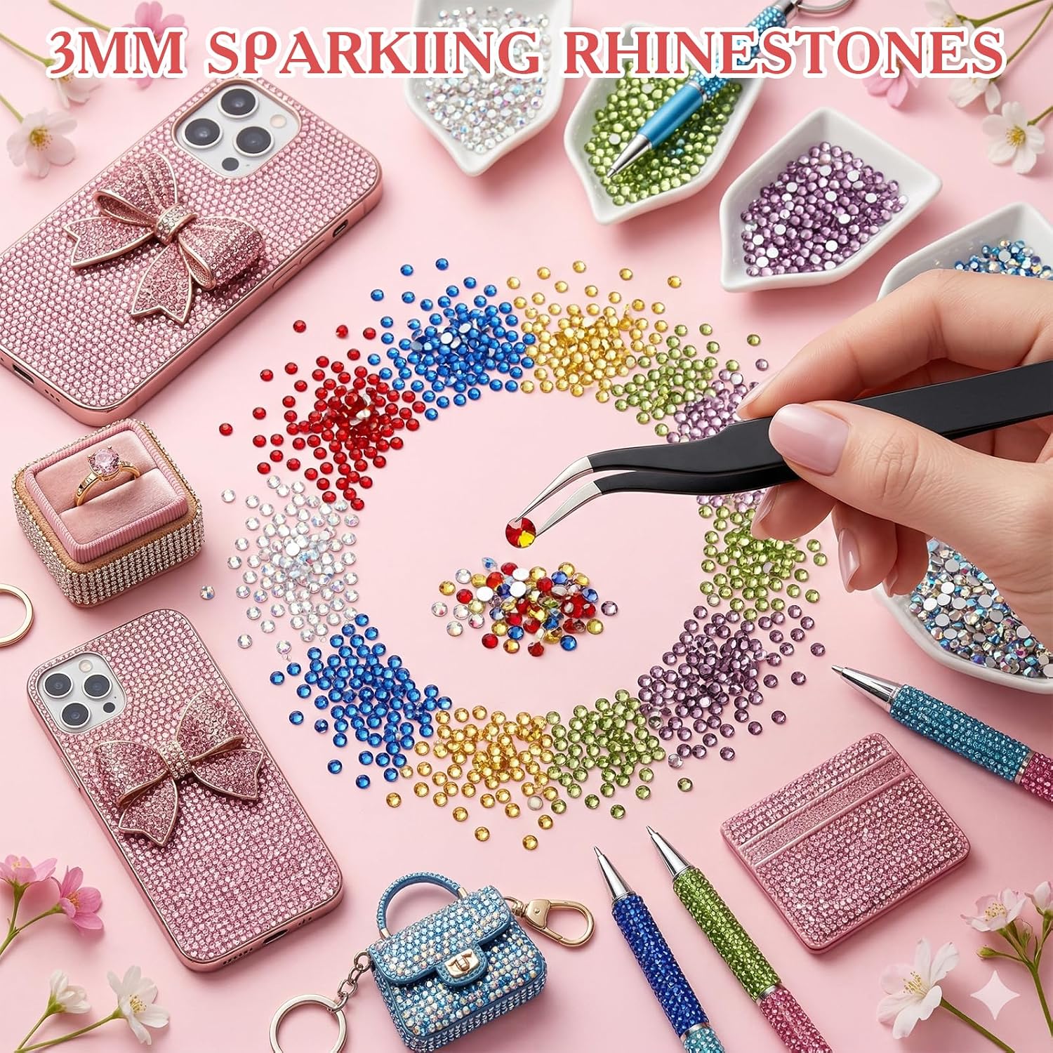 80000Pcs Bedazzling Kit, 42 Colors 3mm Flatback Rhinestones with 3 B7000 Glue & Tools, Bedazzler Kit for Crafts Clothes Tumblers Nail Art & Diamond Painting - Christmas Birthday Gift for Girls