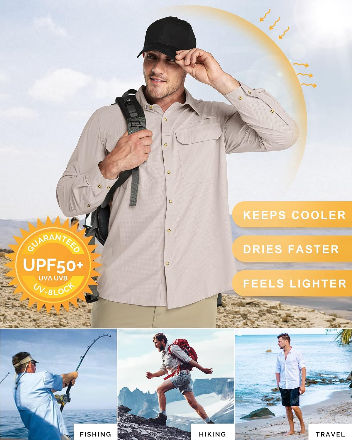 33,000ft Men's Long Sleeve Sun Protection Shirt UPF 50+ UV Quick Dry Cooling Fishing Shirts for Travel Safari Camping Hiking
