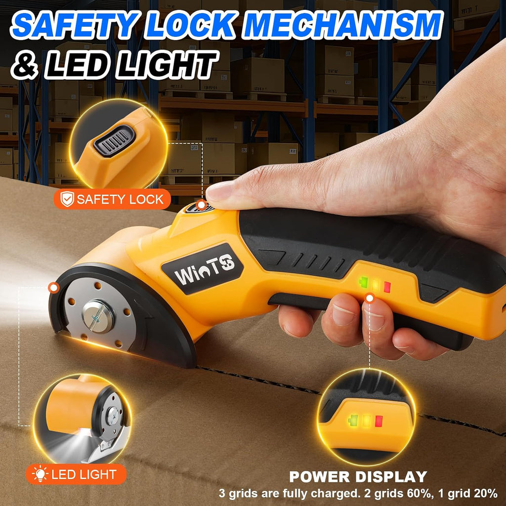 WINTS Cordless Electric Scissors,High-capacity 2000mah Battery 4V Cardboard Cutter with Safety Lock & LED Light, Rechargeable Rotary Cutter for Box Carpet Plastic Fabric With 2 Blades (Yellow)